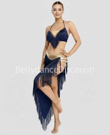 Costume di danza del ventre con frange blu intenso e oro