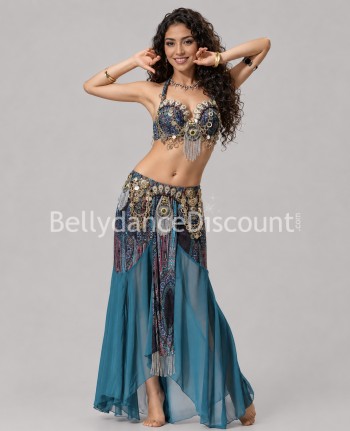 Costume de danse orientale tribal fusion bleu pétrole