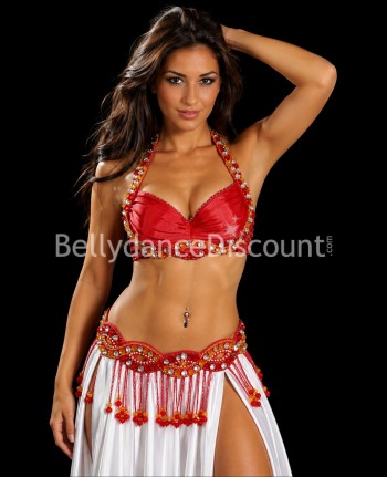 Conjunto de sujetador y cinturón para danza del vientre de satén rojo