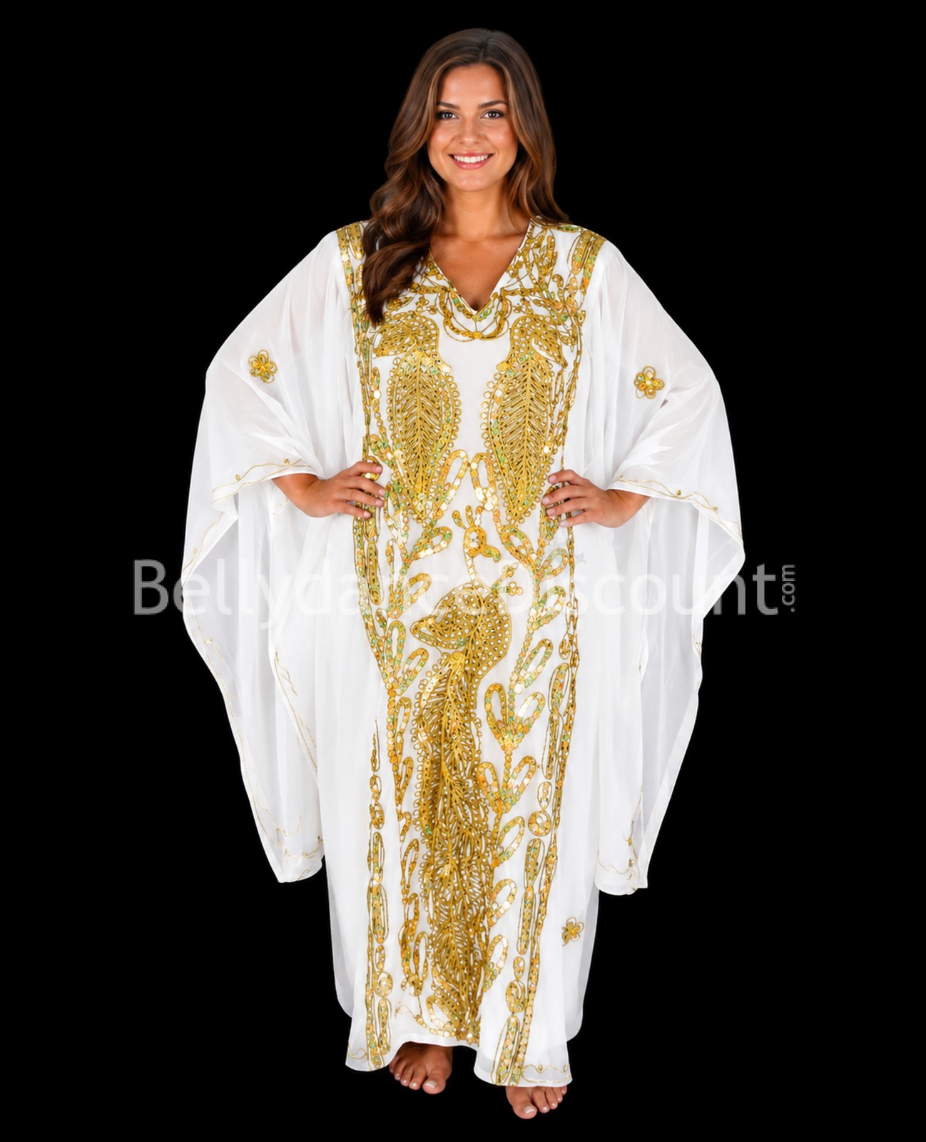 Vestito Khaliji di danza del ventre bianco e oro Vestito Khaliji di danza del ventre bianco e oro