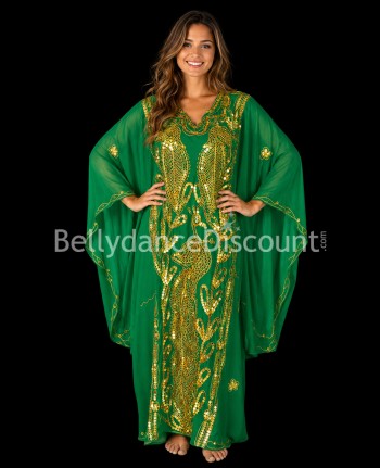 Vestido Khaliji para danza del vientre verde y dorado