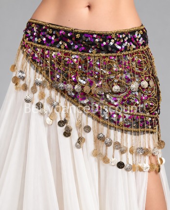 Cintura da danza orientale ricamata nera, oro e fucsia
