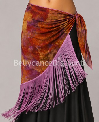 Long foulard de danse orientale orange et mauve à franges