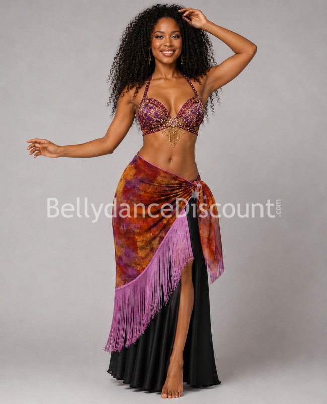 Pañuelo largo naranja y malva de danza oriental con flecos