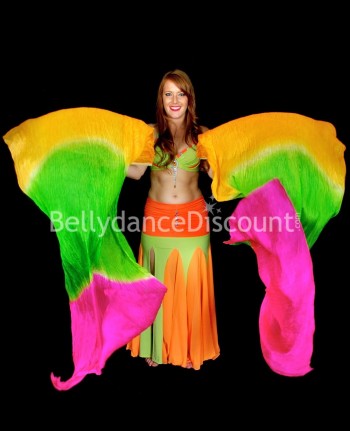 Paire d'éventails de danse orientale pure soie orange vert rose