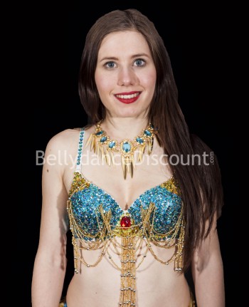 Collier de danse orientale bleu ciel et or