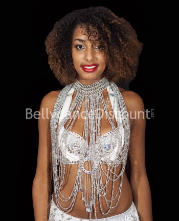 Collar largo de danza del vientre con perlas plateadas