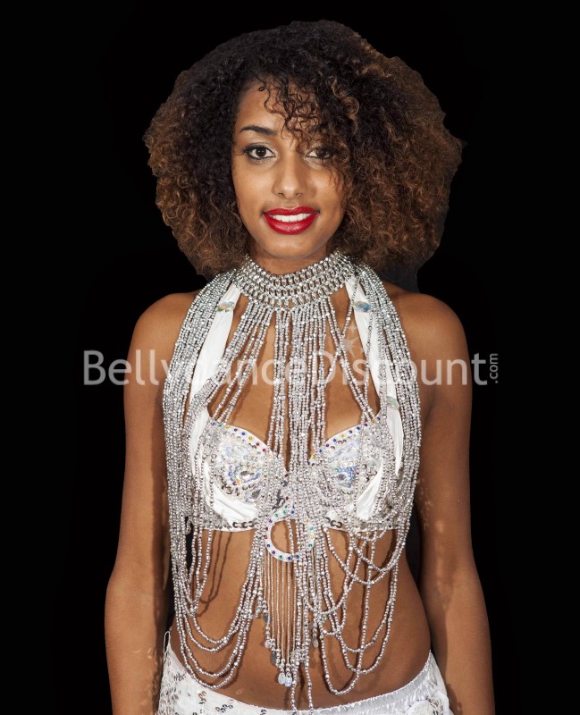 Lunga collana di danza del ventre con perle argentate
