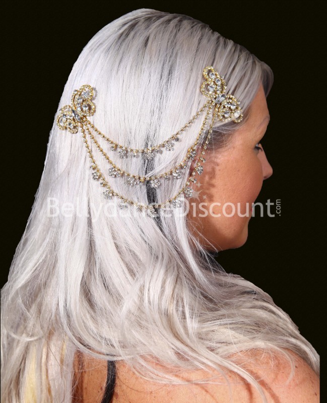 Ornement cheveux chaînettes or et strass