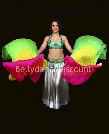 Paire d'éventails de danse orientale pure soie vert jaune fuchsia