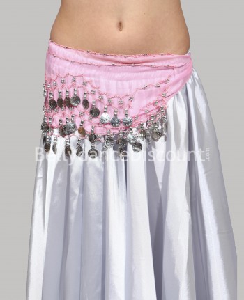 Ceinture enfant de danse orientale rose pâle sequins argent