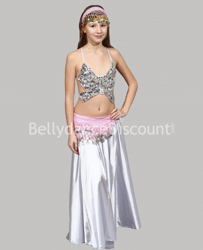 Ceinture enfant de danse orientale rose pâle sequins argent