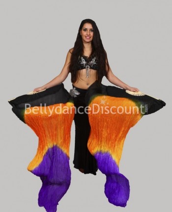 Paire d'éventails de danse orientale pure soie noir orange violet