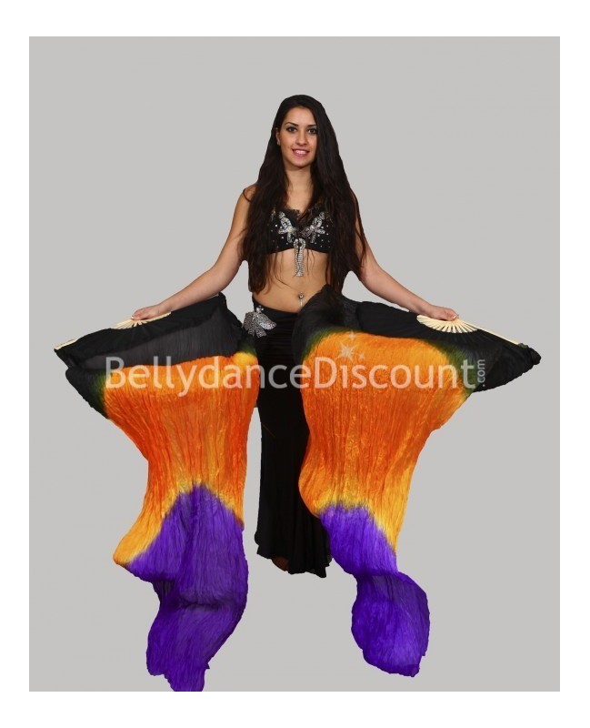 Pure silk black orange purple belly dance fans