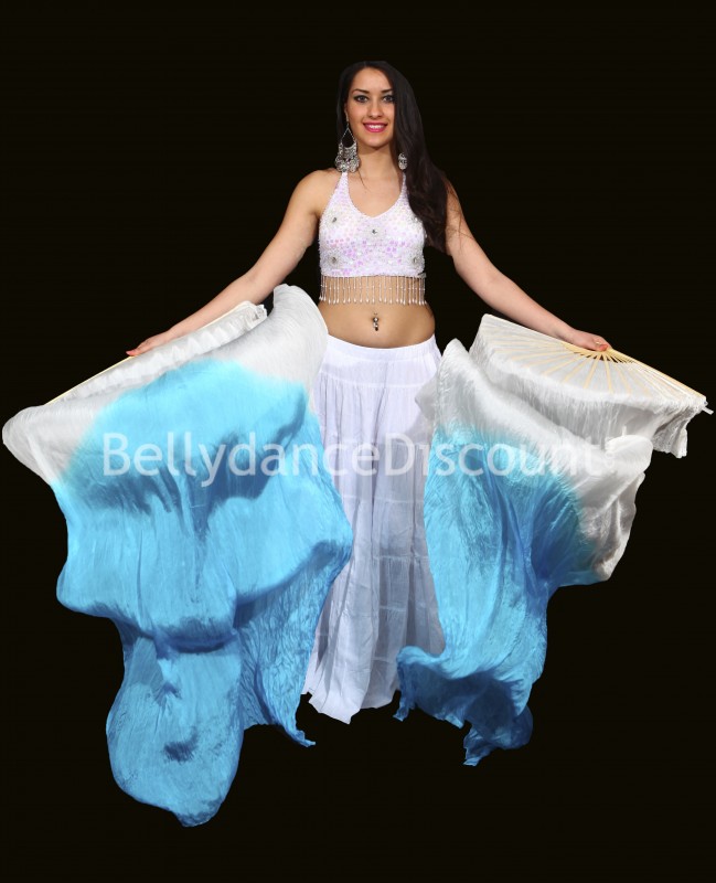 Fächer für den orientalischen Tanz in Hellblau Weiß und aus purer Seide