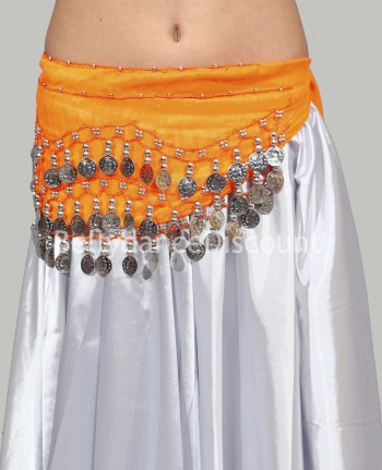 Ceinture de danse orientale orange à sequins argentés