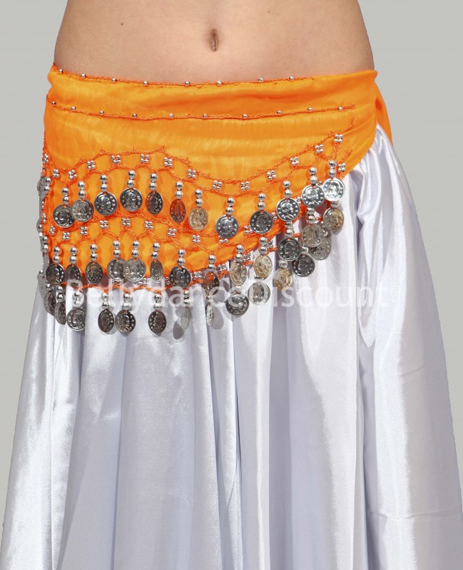 Orange belly dance belt with silver coins