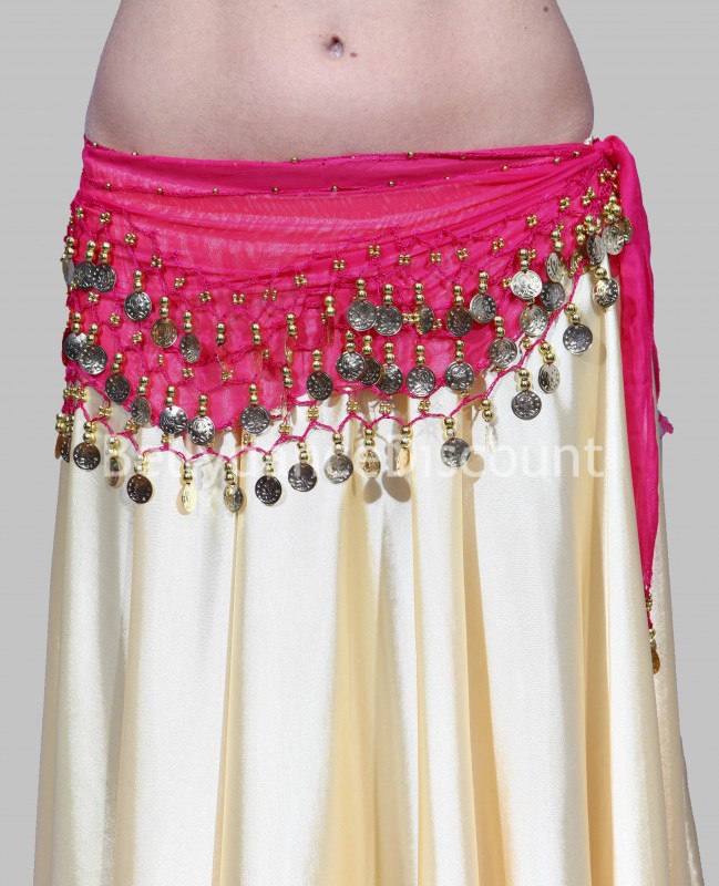 Cinturón de danza del vientre fucsia lentejuelas doradas