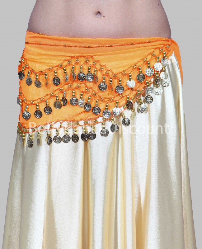 Ceinture de danse orientale orange à sequins or