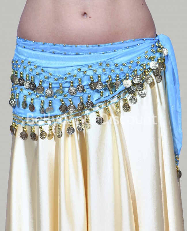 Light blue belly dance belt with golden sequins