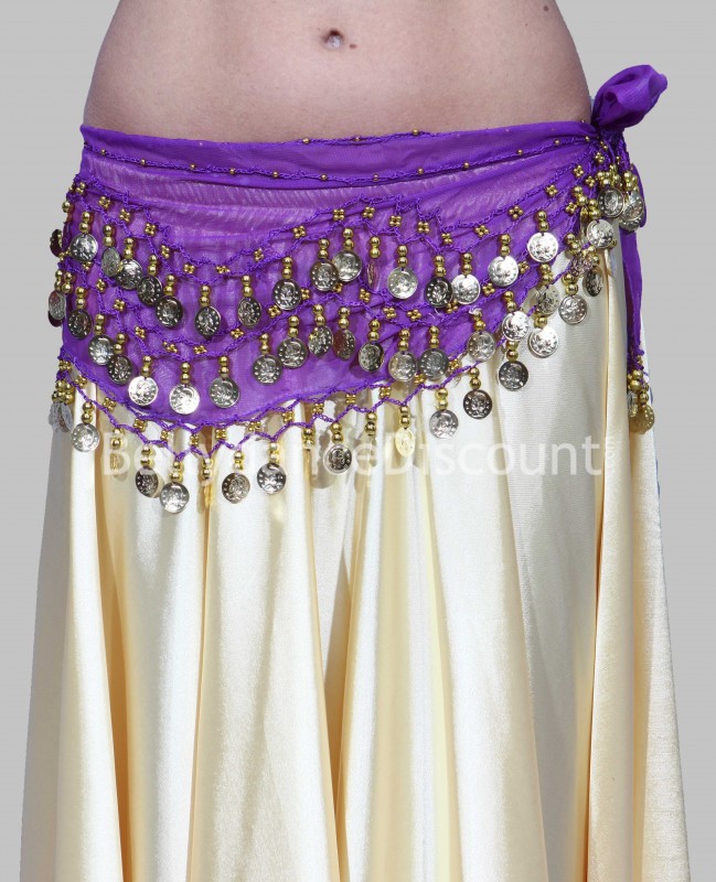 Cinturón de danza del vientre violeta lentejuelas doradas