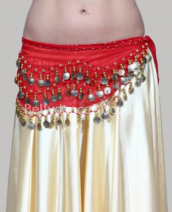 Ceinture de danse orientale rouge à sequins or
