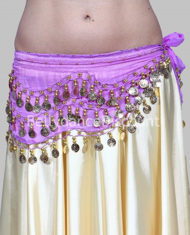 Ceinture de danse orientale parme à sequins or