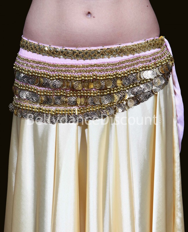 Light pink velvet Bellydance belt with gold sequins