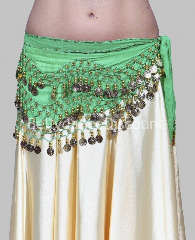Cinturón verde para danza del vientre con lentejuelas doradas Cinturón verde para danza del vientre con lentejuelas doradas