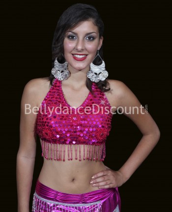 Top di danza del ventre perlato fucsia