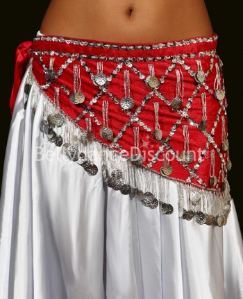 Red velvet and silver sequins Bellydance hip scarf