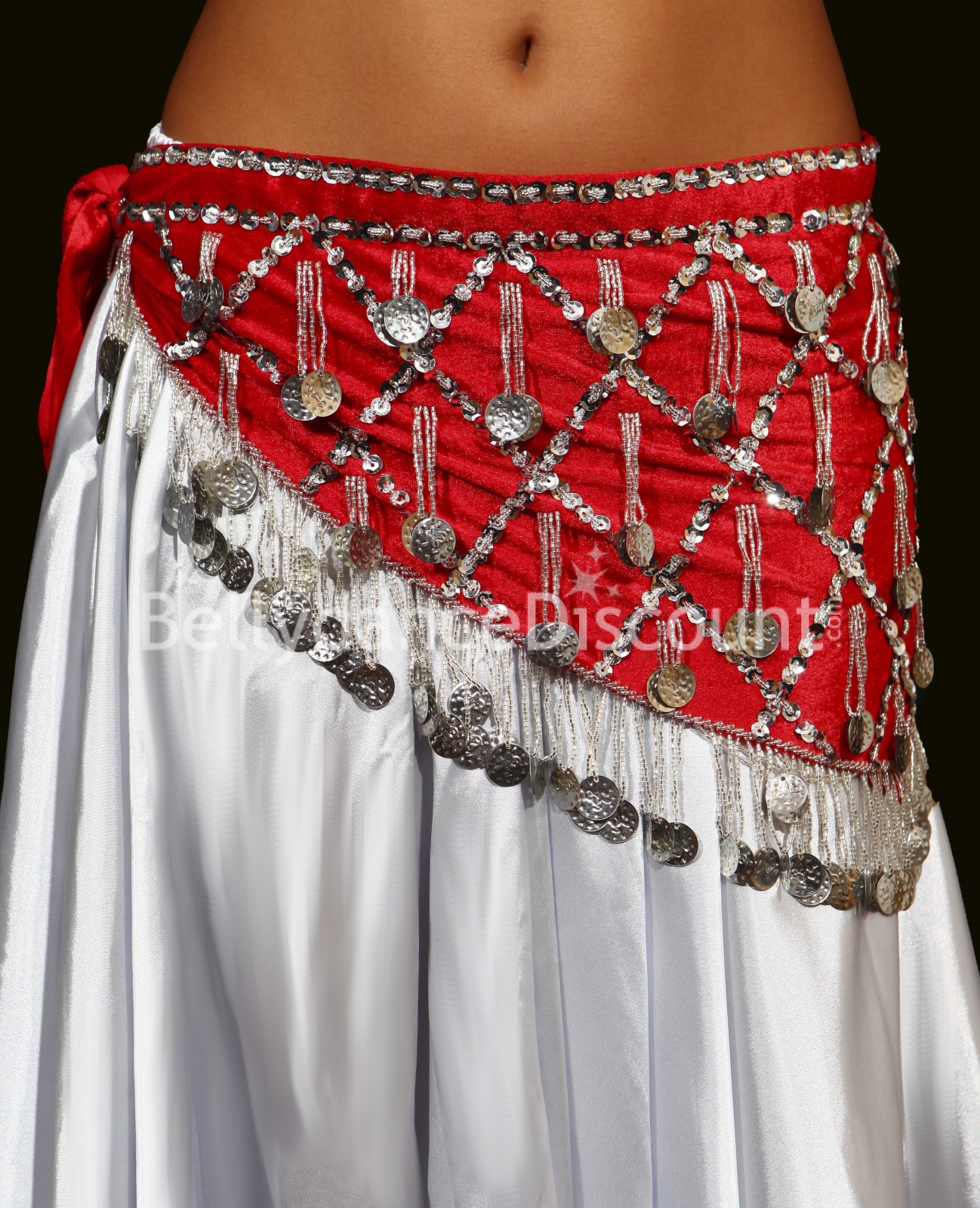 Long foulard de danse orientale velours rouge sequins or - 17,90 €