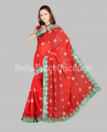 Sari rojo brillante para danza Bollywood - Jaipur