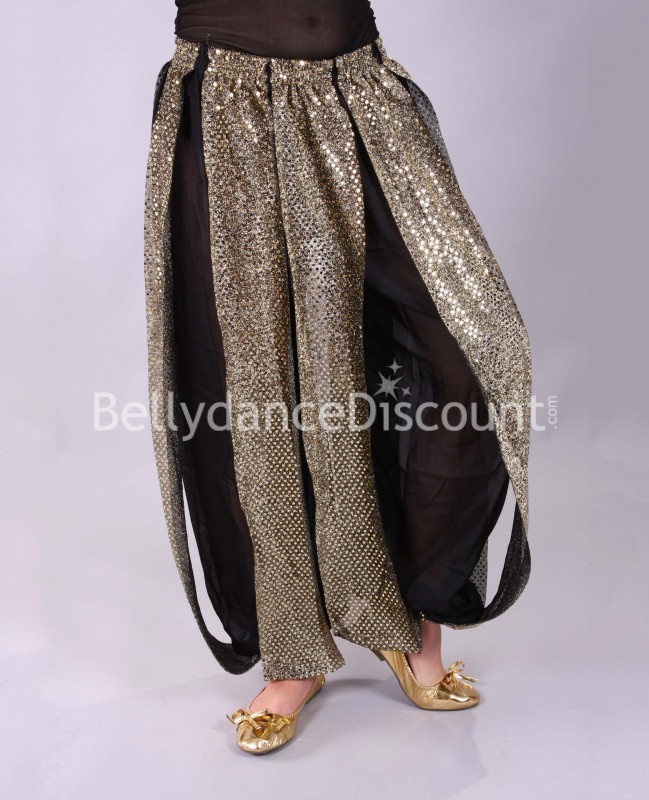 Pantalones negros y dorados brillantes para danza oriental