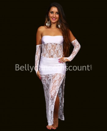 Vestido strapless blanco en encaje para danza del vientre