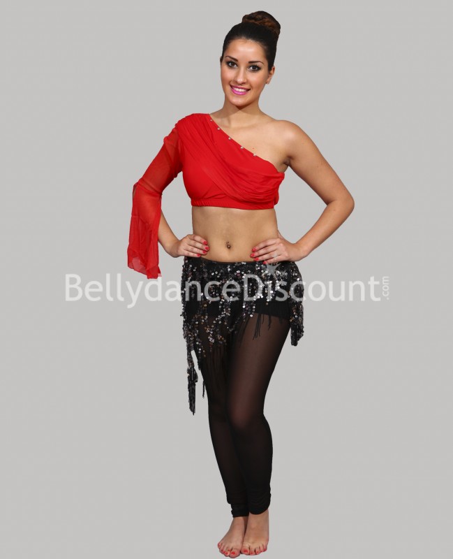 Bellydance Top : one sleeve and strass red
