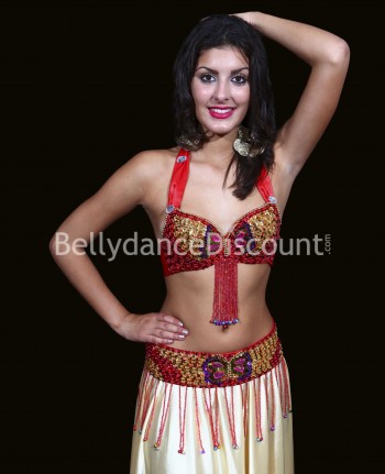 Sujetador + cinturón para danza del vientre rojo y dorado