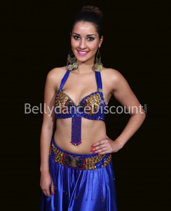 Bellydance bra + belt set dark blue and gold