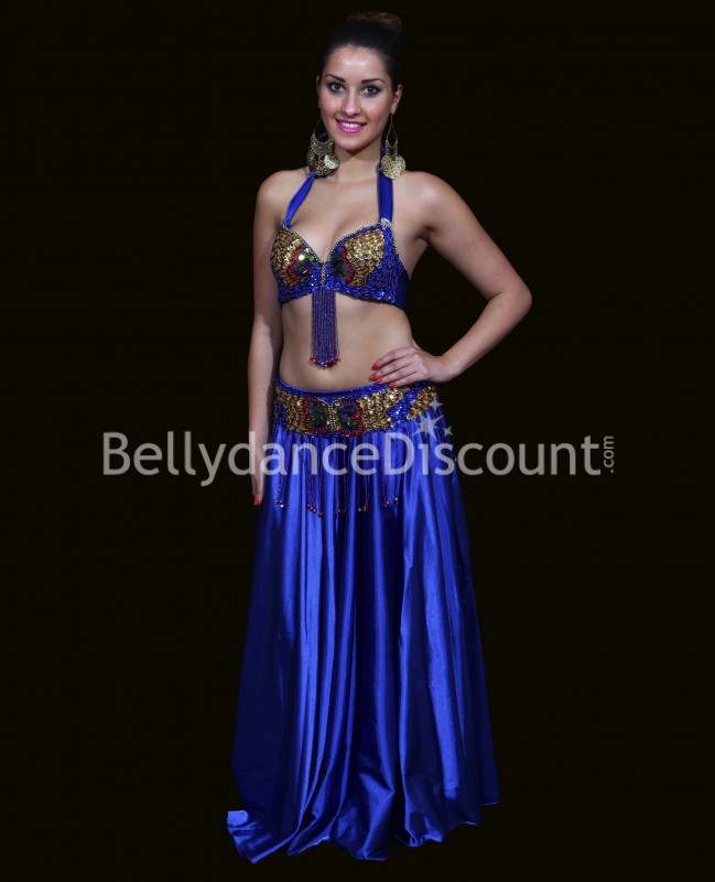 Bellydance bra + belt set dark blue and gold