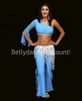 Bellydance Top : one sleeve and strass light blue