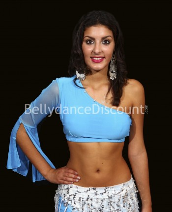 Top di danza del ventre 1 manica con strass azzurro