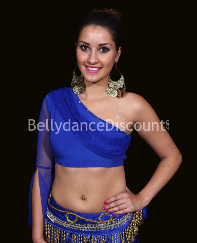 Top de danse orientale 1 manche et strass bleu nuit