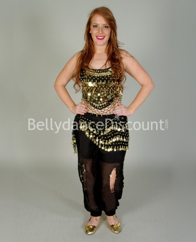 Black belly dance belt with golden sequins