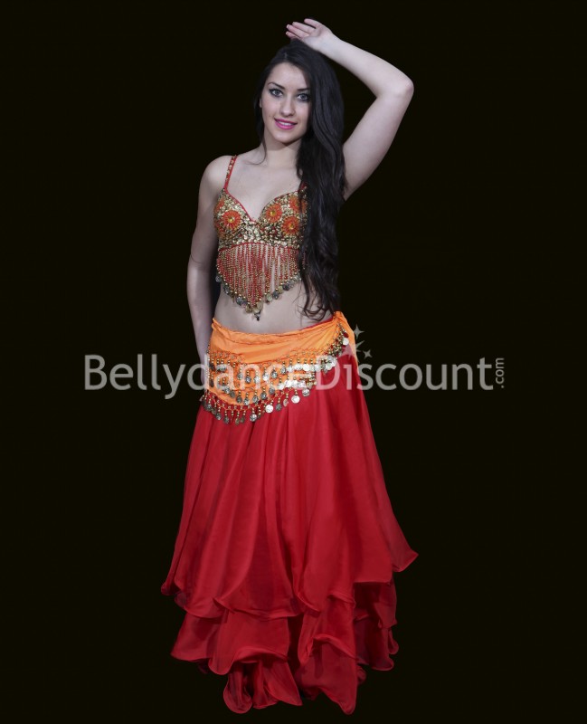 Orange belly dance belt with golden sequins