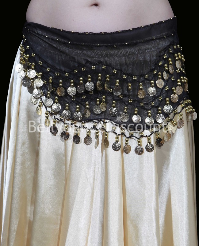Black belly dance belt with golden sequins