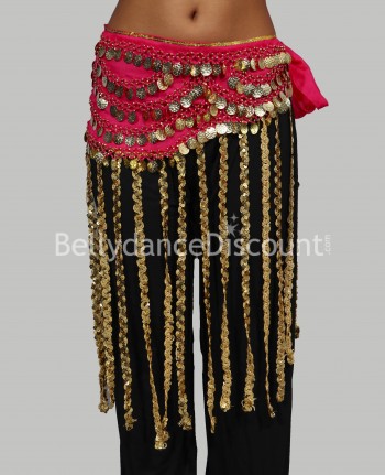 Lunga cintura di danza del ventre fucsia e oro