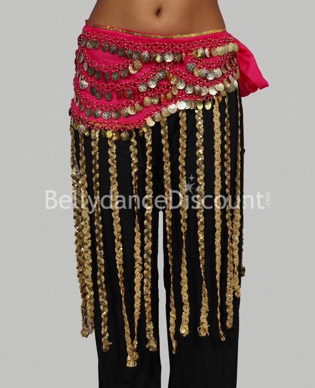Longue ceinture de danse orientale fuchsia et or