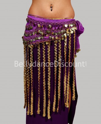 Longue ceinture de danse orientale violette et or