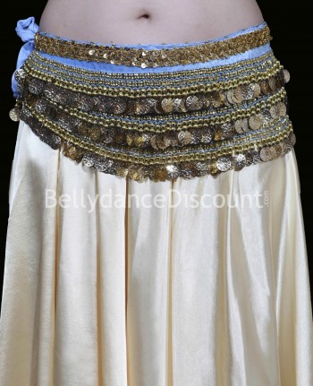 Ceinture velours bleu ciel de danse orientale sequins or
