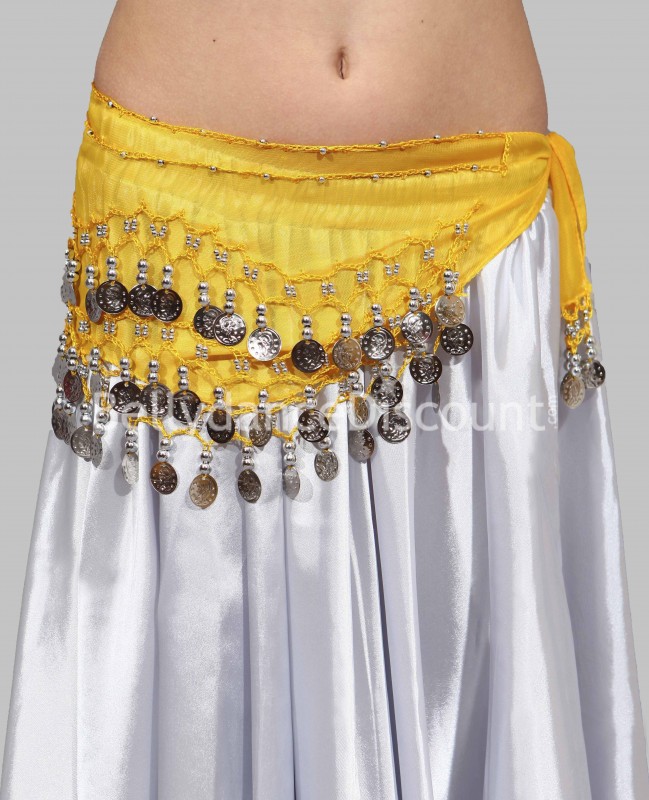Yellow belly dance belt with silver coins